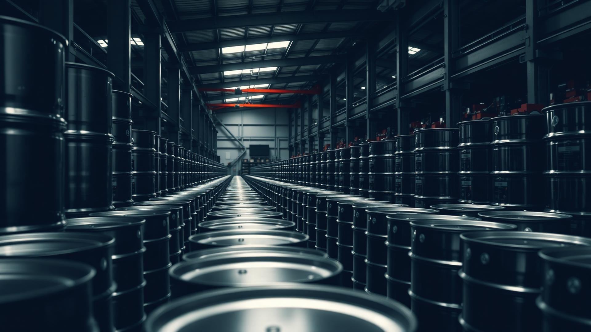 Rows of industrial oil drums stored in a distribution warehouse