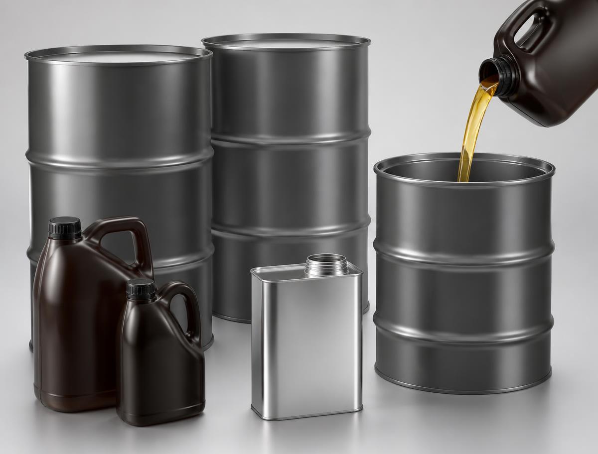 Industrial lubricant oil containers and drums on a neutral background